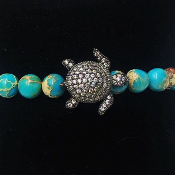 Blue sea jasper & black rodhium cz turtle bracelet - Picture 6 of 8